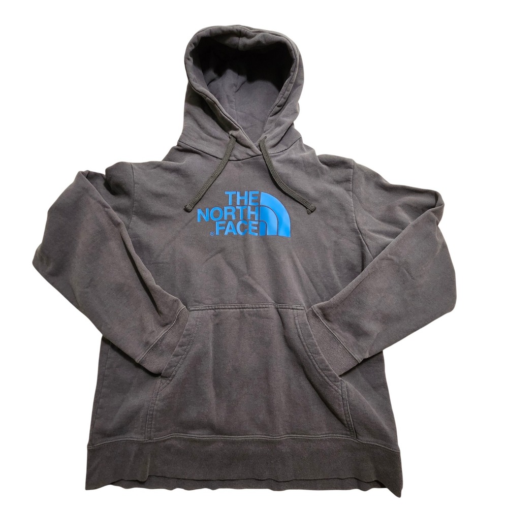 The North Face Mens Hoodie Charcoal Grey Blue Logo Pullover Sweatshirt Size L